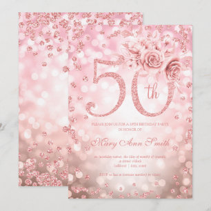 Convites Rosa Dourada Floral 50ª Luzes de Verão de Aniversá