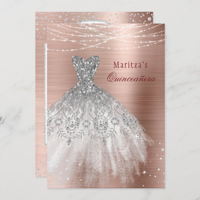 Convites Rosa Dourada Glam Diamond Sparkle Quinceañera (Frente/Verso)