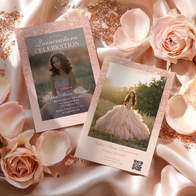 Convites Rosa Dourada Glitter 2 fotos Qr blush Quinceañera (Rose Gold Glitter 2 photos Qr blush Quinceañera Invitation)