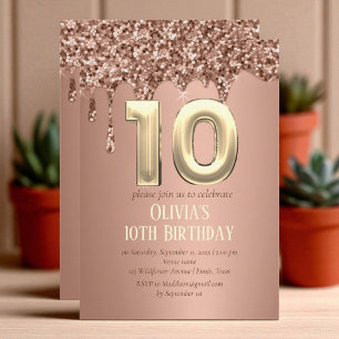 Convites Rosa Dourada Glitter Drip Girl 10th Birthday