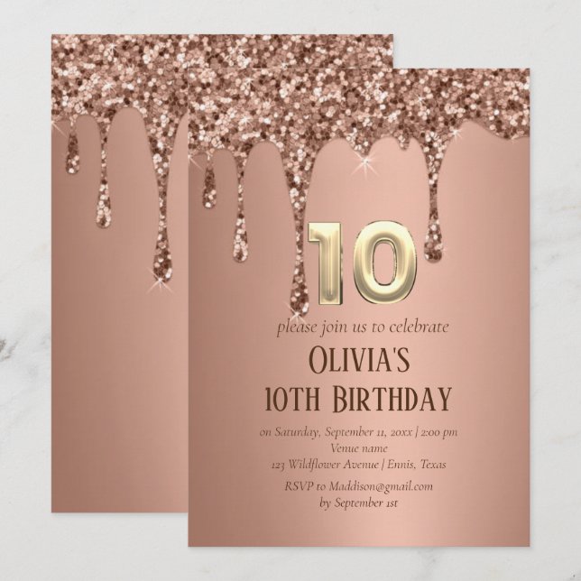 Convites Rosa Dourada Glitter Drip Girl 10th Birthday (Frente/Verso)