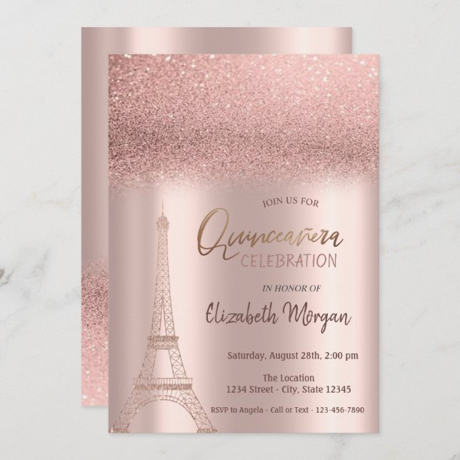 Convites Rosa Dourada Glitter Ombre, Torre Eiffel Quinceane (Frente/Verso)