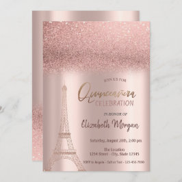 Convites Rosa Dourada Glitter Ombre, Torre Eiffel Quinceane