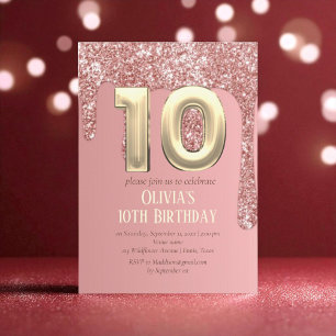 Convites Rosa Dourada Glitter Pink Girl 10th Birthday