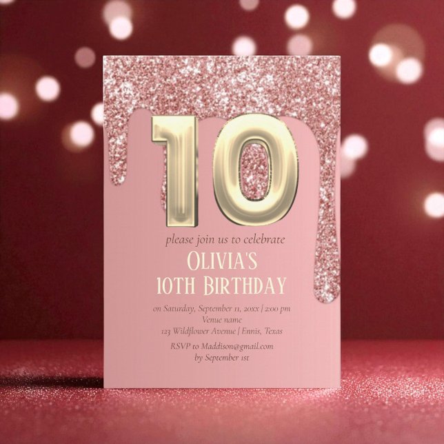 Convites Rosa Dourada Glitter Pink Girl 10th Birthday (Criador carregado)