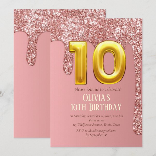 Convites Rosa Dourada Glitter Pink Girl 10th Birthday (Frente/Verso)