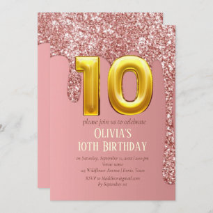 Convites Rosa Dourada Glitter Pink Girl 10th Birthday