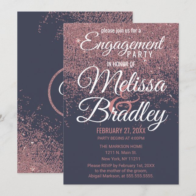 Convites Rosa Dourada Glitter Sparkles Marinho Noivado Azul (Frente/Verso)