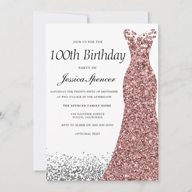 Convites Rosa Dourada Glitter Womans 100ª Festa de aniversá (Frente)