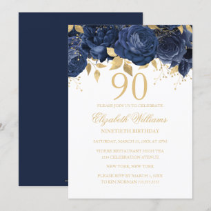 Convites Rosa Dourada Naval Floral Aniversário de 90 anos