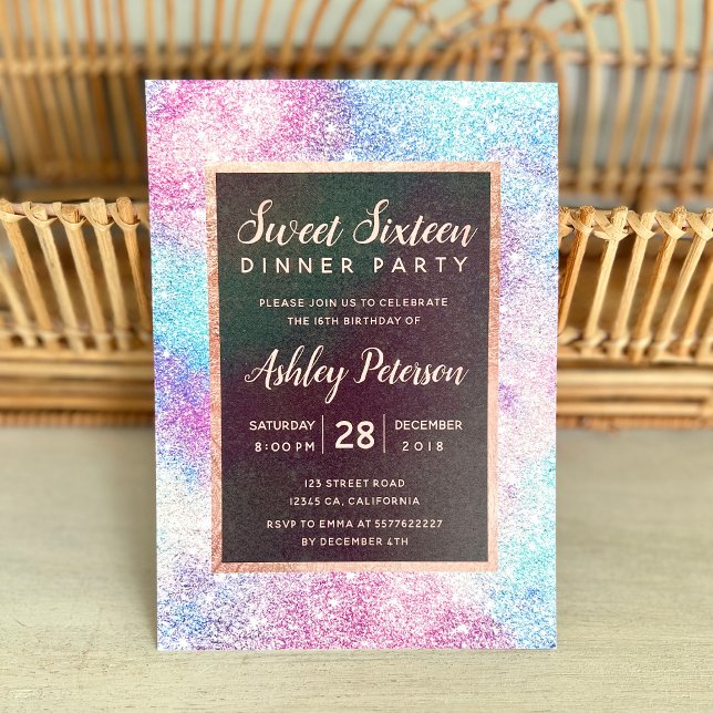 Convites rosa dourada nebulosa glitter tipografia Doce 16 (rose gold chic nebula glitter typography Sweet 16 Invitation)