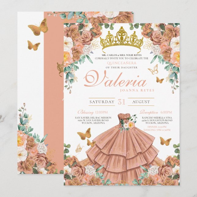 Convites Rosa Dourada Peach Princess Butterfly Quinceanera (Frente/Verso)