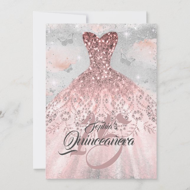 Convites Rosa, Dourada Prata Borboleta Vestida Quinceanera (Verso)
