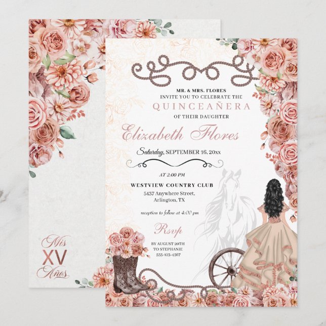 Convites Rosa Dourada Princesa Charra Quinceañera Ocidental (Frente/Verso)