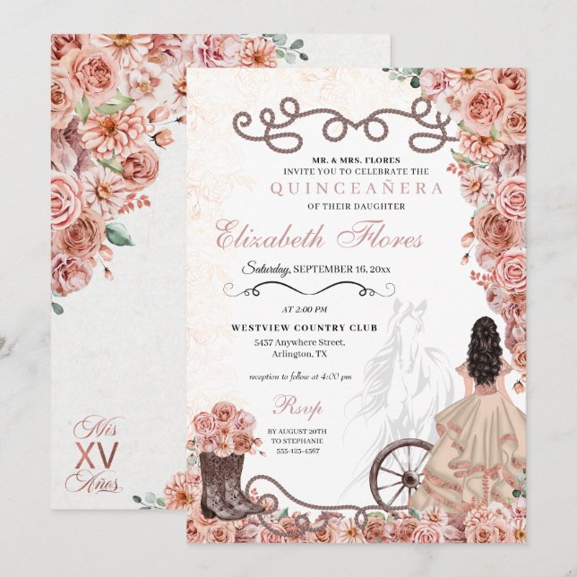 Convites Rosa Dourada Princesa Charra Quinceañera Ocidental (Frente/Verso)