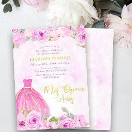 Convites Rosa Dourada Princesa Floral Dress Mis Quince Anos