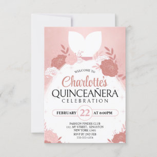 Convites Rosa Dourada Quinceanera Floral Princesa Vestido