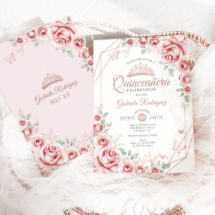 Convites Rosa Dourada Quinze Anos Floral