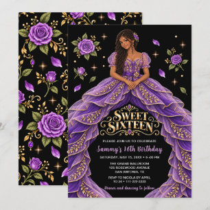 Convites Rosa Dourada Roxa Aniversário de Sweet Sixteen