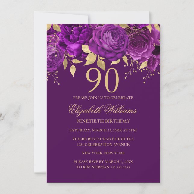 Convites Rosa Dourada Roxa Floral Aniversário de 90 Anos (Frente)