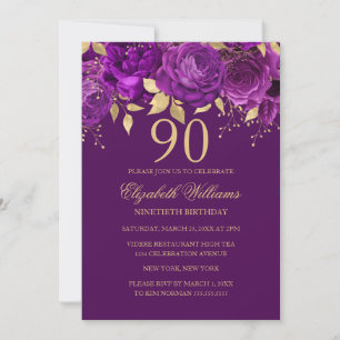 Convites Rosa Dourada Roxa Floral Aniversário de 90 Anos