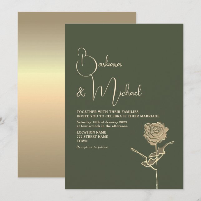 Convites Rosa Dourada Sage Verde Casamento Elegante (Frente/Verso)