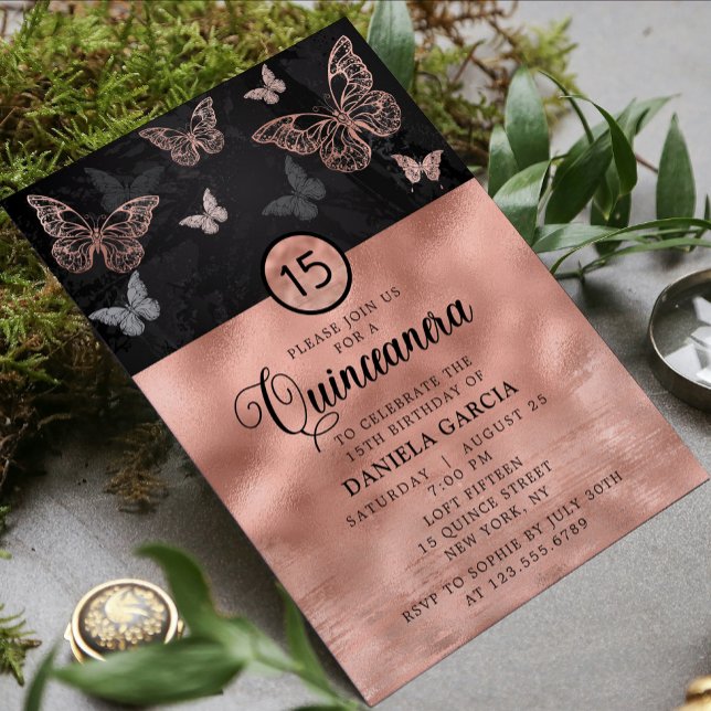 Convites Rosa Dourada Shimmer Butterfly Moderna Quinceañera (Criador carregado)