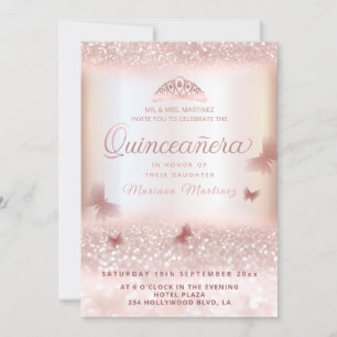 Convites Rosa dourada tiara caligrafia Quinceañera