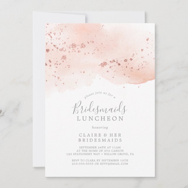 Convites Rosa Dourada Watercolor Bridesmaids Luncheids (Frente)