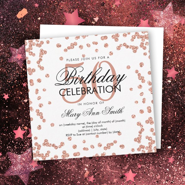 Convites Rosa Dourado 50º Aniversário Glitter Confetti Whit (Criador carregado)