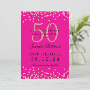 Convites Rosa Dourado 50 Data de Salvamento de Aniversário 