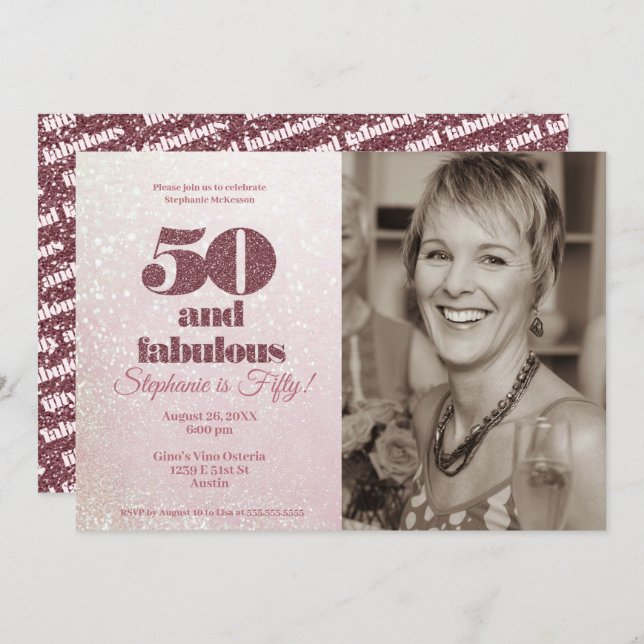 Convites Rosa Dourado 50 e Fabuloso aniversário Elegante 50 (Frente/Verso)