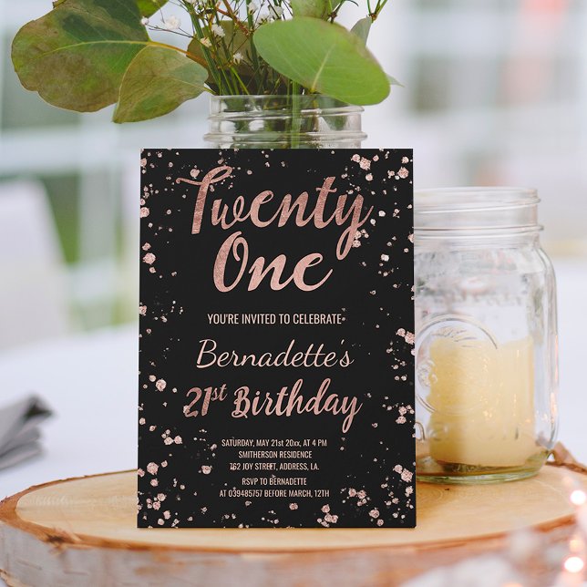 Convites Rosa dourado, aniversário de 21 anos de esplatters (Criador carregado)