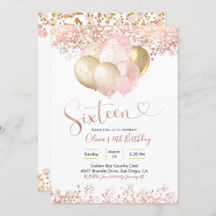 Convites Rosa Dourado Balão Rosa 16 Festa de aniversário 