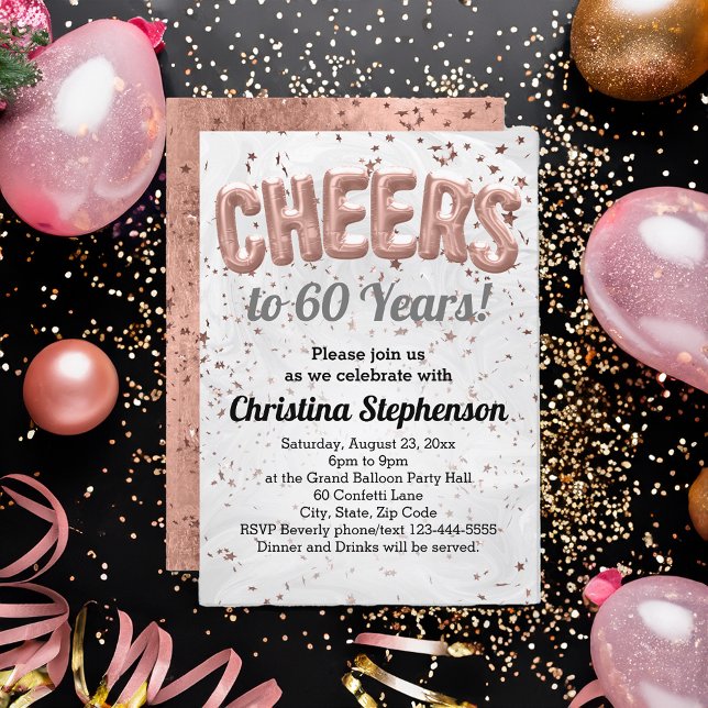 Convites Rosa Dourado Balão Saúde para 60 anos 60 anos Aniv (cheers to 60 years rose gold glitter 60th birthday party invitation for women)