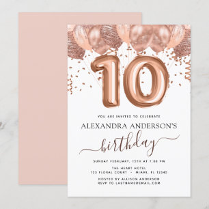 Convites Rosa Dourado Balões 10ª Festa de aniversário Co