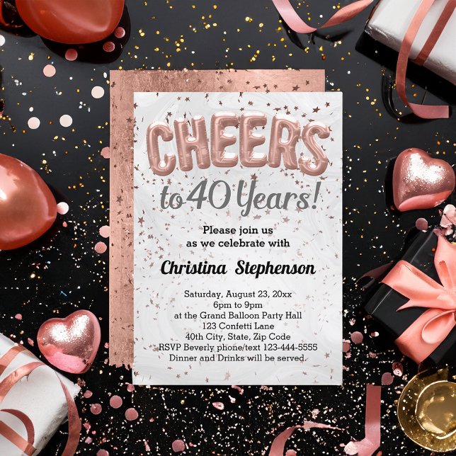 Convites Rosa Dourado Balões Anima 40 Anos aniversário de 4 (cheers to 40 years rose gold glitter 40th birthday party invitation for women)