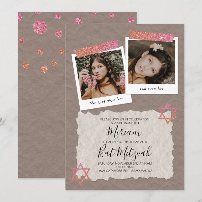 Convites Rosa Dourado, Beige Scrapbook Bat Mitzvah Convide (Frente/Verso)