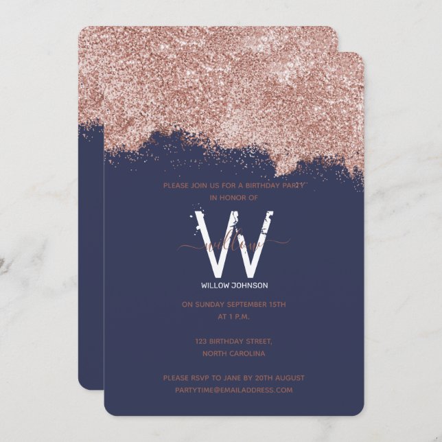 Convites Rosa Dourado Blue Girly Glitter A Qualquer Ano Ani (Frente/Verso)