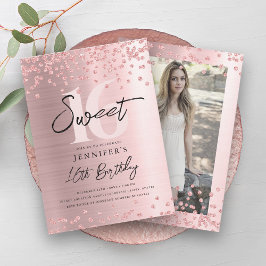 Convites Rosa Dourado Blush Glitter Foto do Doce 16 Partido