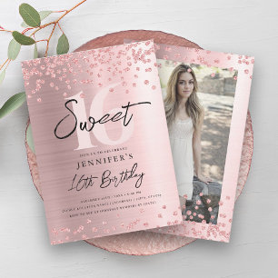 Convites Rosa Dourado Blush Glitter Foto do Doce 16 Partido