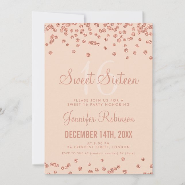 Convites Rosa Dourado Blush Sweet 16 Birthday Glitter Confe (Frente)