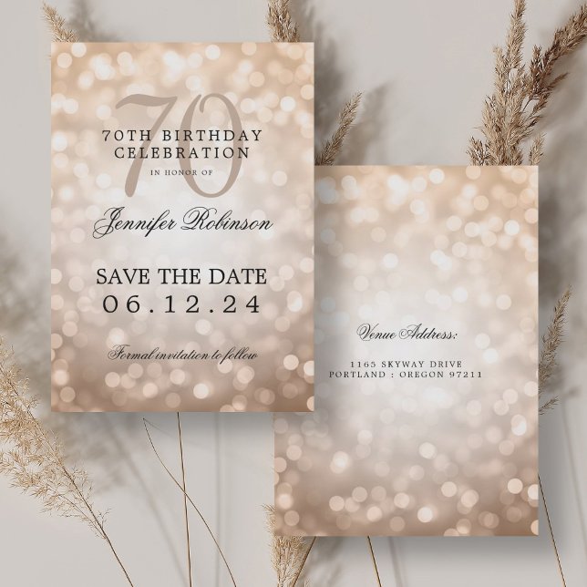 Convites Rosa Dourado Bokeh 70 Birthday Guarde a Data (Rose Gold Bokeh 70th Birthday Save the Date Invitation)