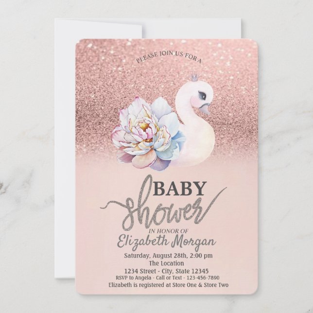 Convites Rosa Dourado Bokeh,Swan Floral Chá de fraldas (Frente)