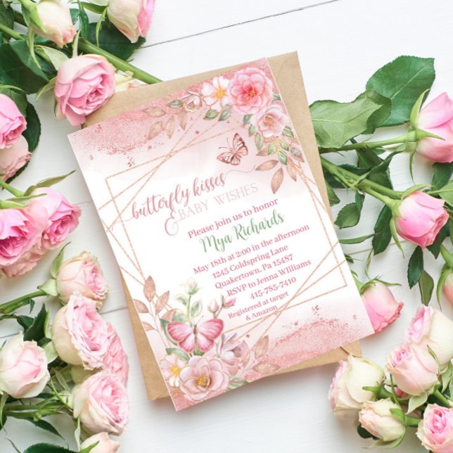 Convites Rosa dourado borboleta chá de fraldas de aquarela (Criador carregado)