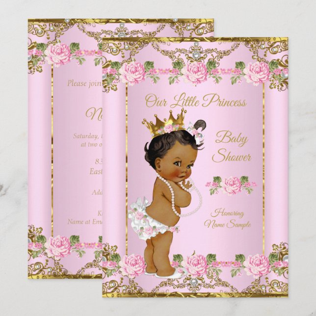 Convites Rosa Dourado Branco Princesa Baby Shower Étnico (Frente/Verso)