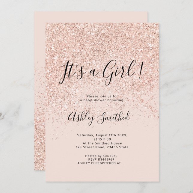 Convites Rosa dourado brilha chá de fraldas rosa (Frente/Verso)