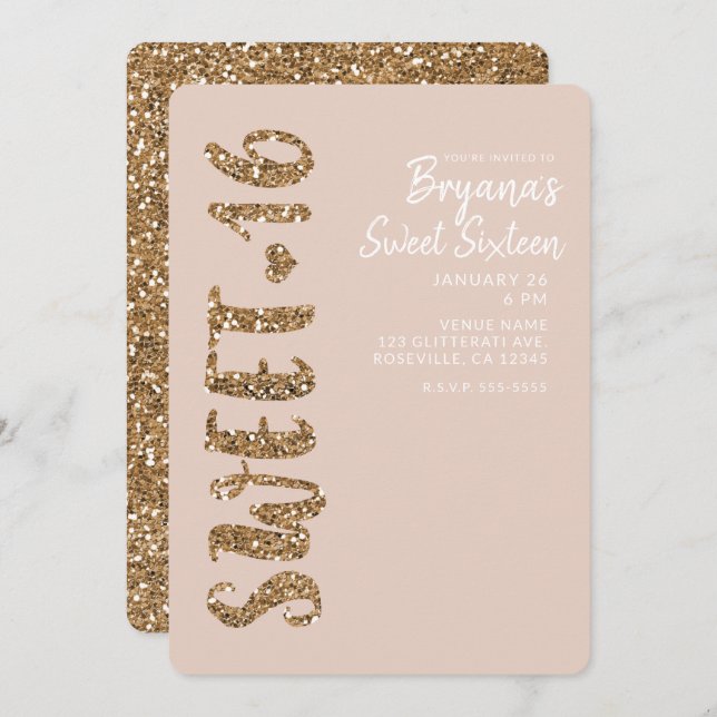 Convites Rosa Dourado brilhante Blush Doce 16 Festa Sessent (Frente/Verso)