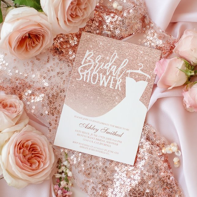 Convites Rosa dourado brilhante Chá de panela elegante de v (Rose gold glitter elegant chic dress Bridal shower Invitation)
