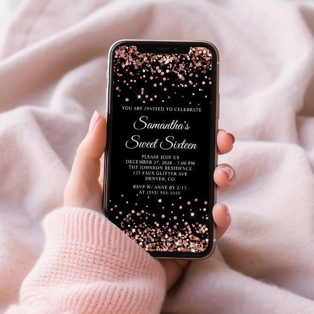 Convites Rosa Dourado brilhante Doce Preto Sessenta (Rose Gold Glitter Black Sweet Sixteen Invitation)